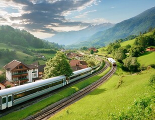 AI Generated image of train with views of green villages and residents' houses