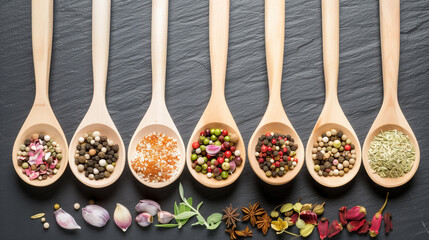 A collection of spoons with various spices on a black surface