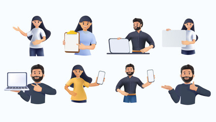 Happy people pointing at smth with fingers and hands, showing and introducing product with hand gesture, 3D illustration. Presenters set presenting sth with devices. 3D vector illustrations