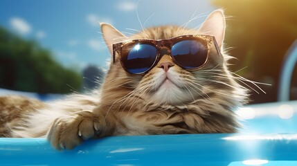 funny cat with blue sunglasses floating in pool
