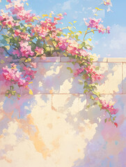 Flower Wall with Blooming Pink and Red Flowers, Green Leaves in Oil Painting Style, Featuring Bright Sunshine and Comfortable Atmosphere
