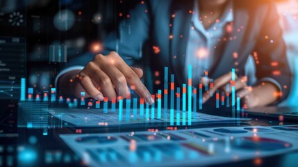 analysis working with the latest financial results. Analysis of sales forecast graphs, financial accounting with hand writing Abstract digital effect for background