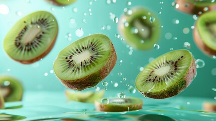 Fresh Kiwi Slices with Water Droplets in Midair