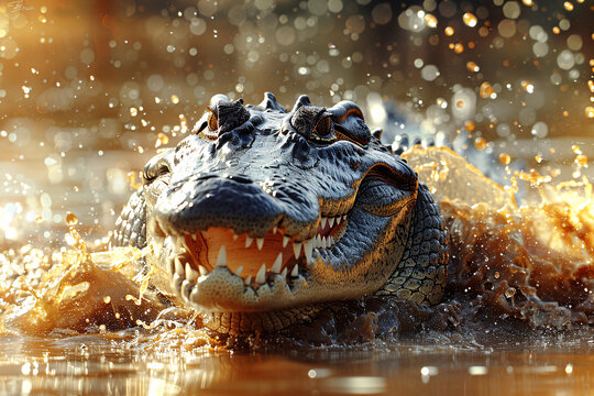 A crocodile attacking in a river, a dynamic predator in its natural element