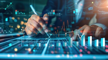 analysis working with the latest financial results. Analysis of sales forecast graphs, financial accounting with hand writing Abstract digital effect for background