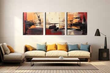 Sleek living room interior featuring a colorful abstract painting above a contemporary sofa