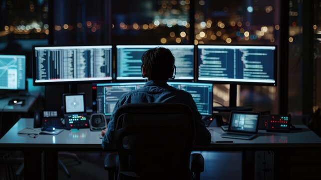 Back view of professional software developer coding program or engineering prompt. Skilled programmer typing computer and laptop while developing system with blurring background. Technology. AIG42.