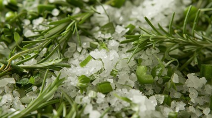 close-up of fresh herbs and salt, showing the details and texture of the dish. generative ai