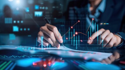 analysis working with the latest financial results. Analysis of sales forecast graphs, financial accounting with hand writing Abstract digital effect for background