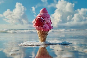Pink strawberry ice cream on the sea beach background. Dessert food and vacation concept. Landscape view for wallpaper, poster, banner, card