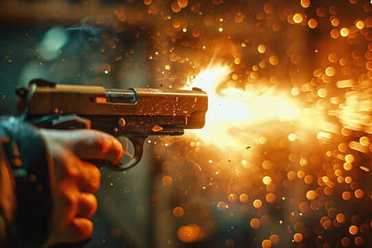 A man firing a handgun close-up
