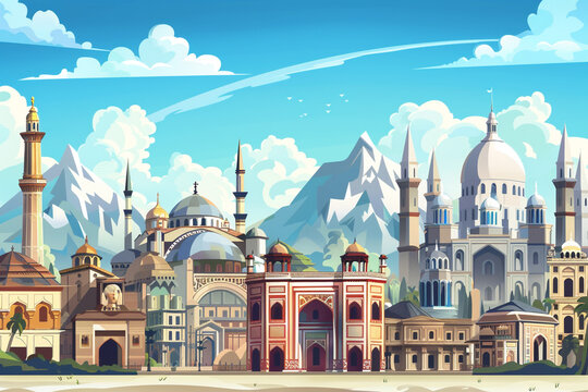 Cultural Landmarks A panoramic view of cultural landmarks and monuments from around the world representing the historical significance and architectural brilliance of diverse civilizations.