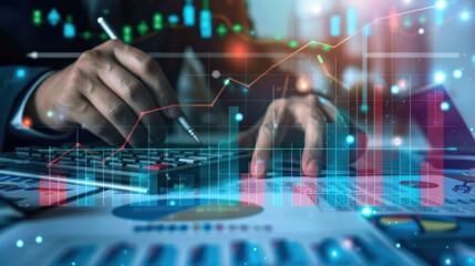 analysis working with the latest financial results. Analysis of sales forecast graphs, financial accounting with hand writing Abstract digital effect for background
