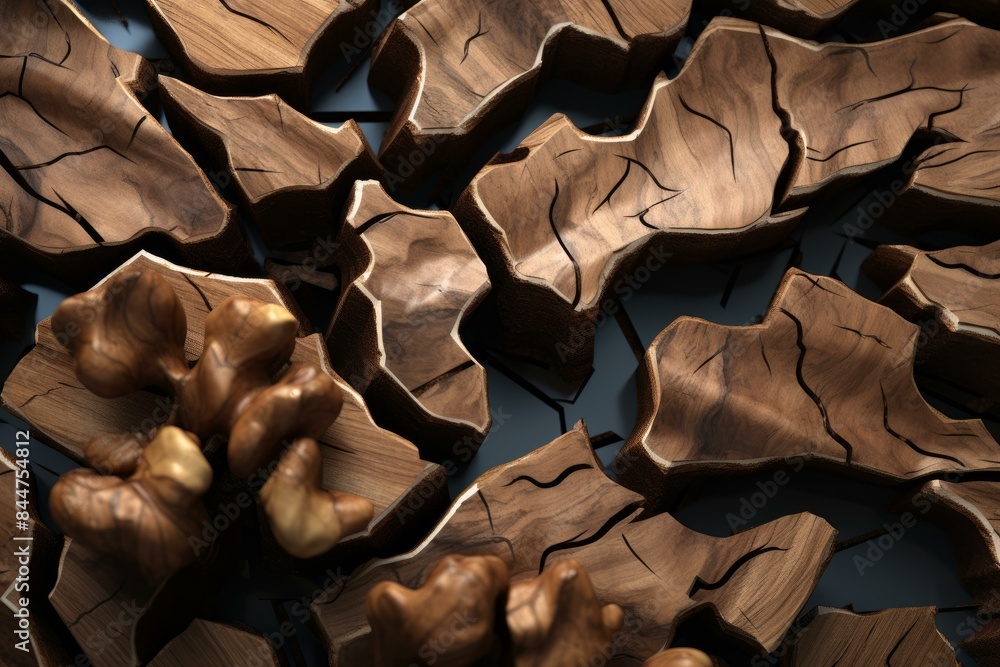 Poster close-up of a unique wooden surface with intricate grain patterns and shadows