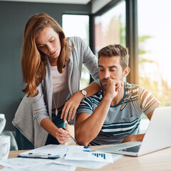 Home, couple and laptop for finance, budget and planning for investment, conversation and research...
