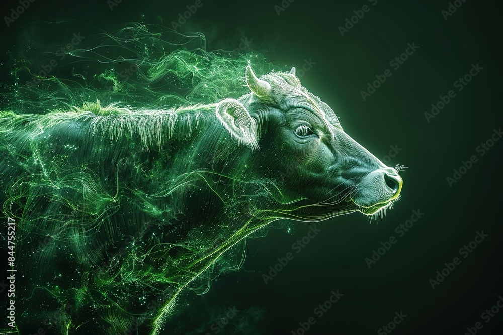 Poster glowing ai cow made of 3d triangular polygons