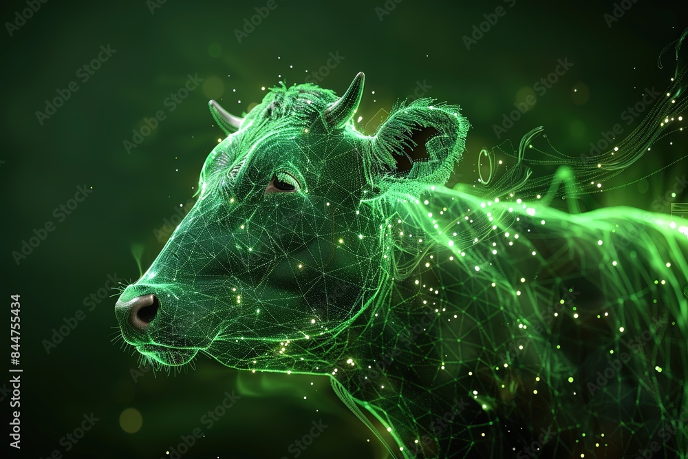 Poster glowing ai cow made of 3d triangular polygons