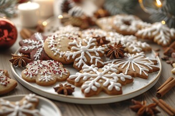 Fototapeta premium Homemade Christmas cookies with icing on a white plate, on a wooden table, sweet holiday dessert.