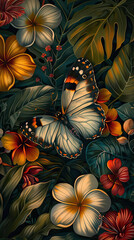  A stunning butterfly surrounded by colorful hibiscus flowers. Generate AI