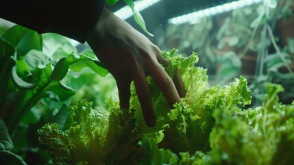 Close-up of a person's hand touching a lettuce plant in a hydroponic farm. The hand is gently cupping the leaves of the plant.