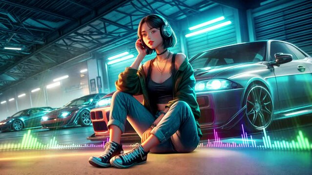 Anime-style girl staying in front of the super racing car in the garage, listening music, equalizer, music visualizer, night at the neon light, big city background, racing car game, 4K