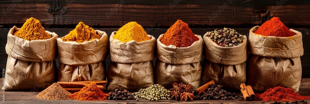 Poster a close-up shot of various dry spices in open paper bags arranged on a wooden surface. the spices in