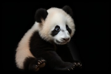 Panda baby portrait, dark background, detailed photorealism