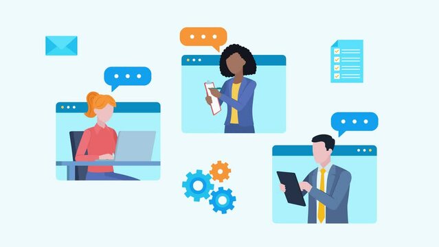 Flat style animation showing an online meeting. Employees appear on the website and conversation bubbles leave them. Icons of a quiz, e-mail and gears appear in the background.