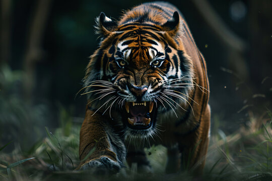 A tiger attacking, dynamic energy, a wild cat charging towards its prey
