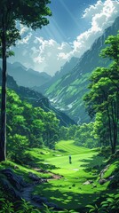 Obraz premium Illustration of a Serene scene of a golfer taking a swing on a lush green course.