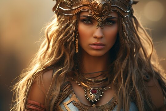 Portrait of an enigmatic female in tribal warrior costume and intricate metal headpiece