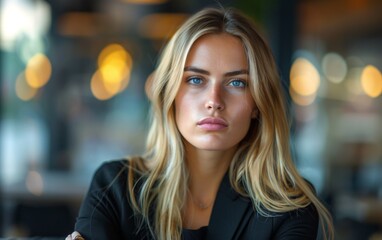 Obraz premium A woman with blonde hair and blue eyes is sitting at a table in a restaurant. She is wearing a black jacket and a black shirt