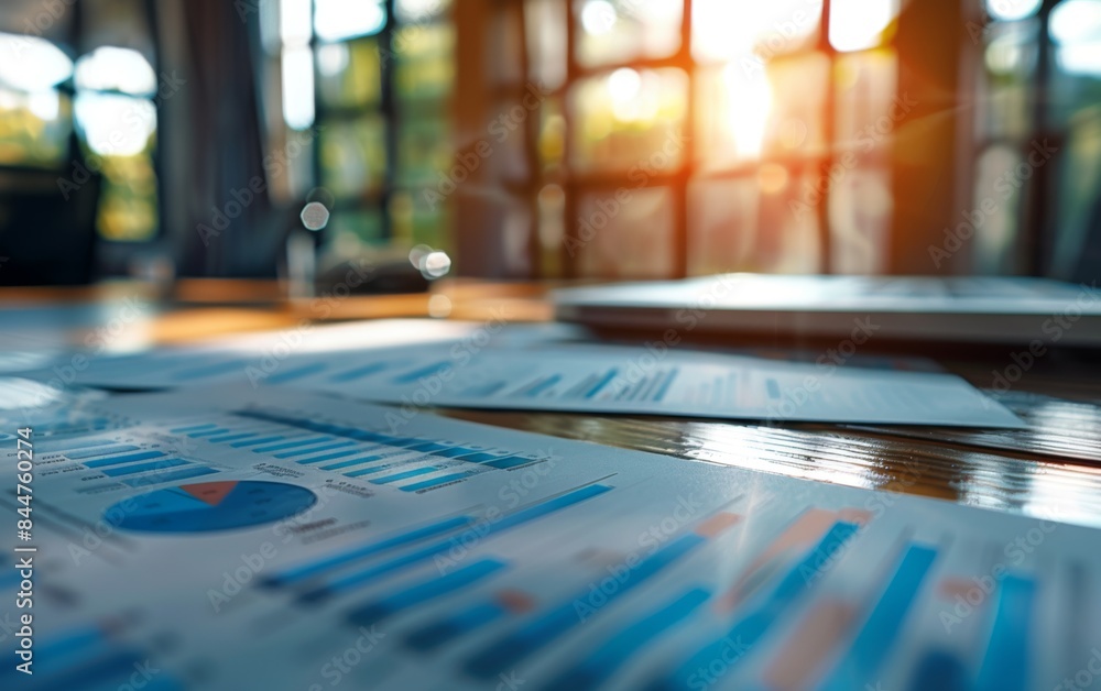Poster a table with a laptop and papers with graphs on it. scene is focused and professional