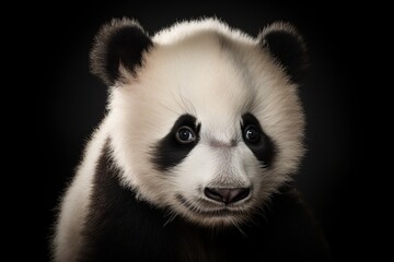 Fototapeta premium Panda baby portrait, dark background, detailed photorealism