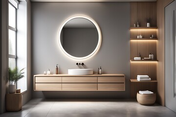  Modern bathroom with LED lighting, round mirror, and wooden elements. Refined style and design. 3D rendering design. 