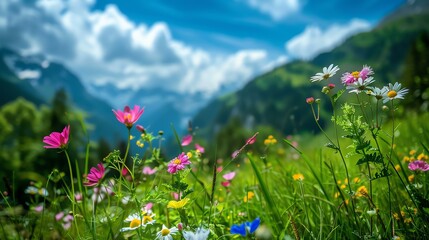 A beautiful landscape of a mountain meadow in full bloom. The flowers are colorful and vibrant, and the grass is a lush green.