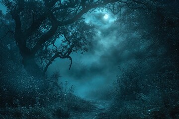 Background for Halloween. Dark mysterious forest on a spooky night
