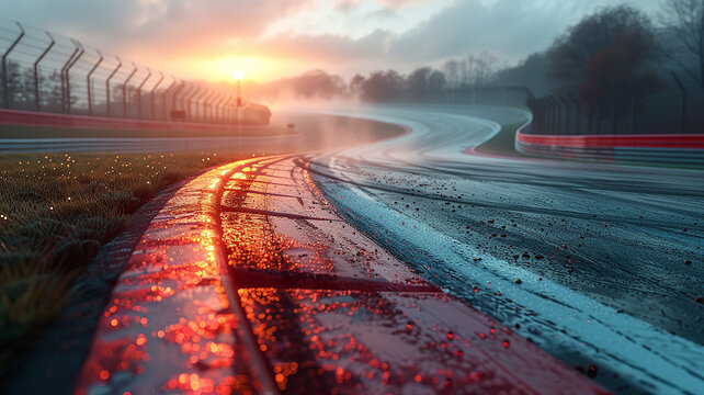 A wide-angle photo of the high-speed race track in the mountains, with a bright blue sky and sunlight shining on it. Created with Ai