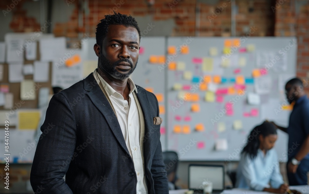 Poster a man in a suit stands in front of a white board with colorful sticky notes on it. he is in a profes