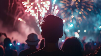 Crowd illuminated by fireworks generative ai