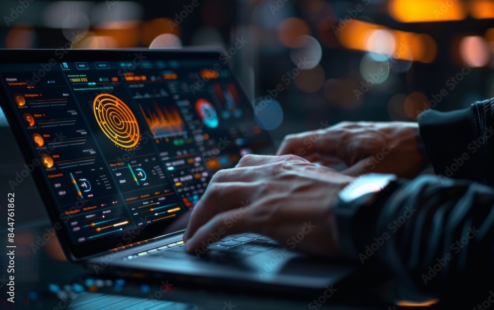Aufkleber a person is typing on a laptop with a large circle on the screen. the circle is surrounded by a seri