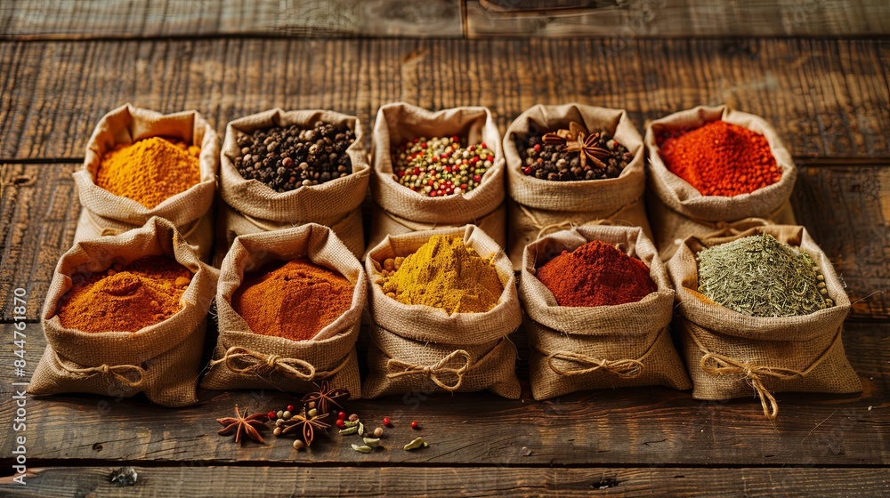 Poster a close-up image showcasing a variety of dried spices in open burlap bags arranged on a wooden surfa