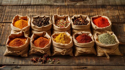 A close-up image showcasing a variety of dried spices in open burlap bags arranged on a wooden surface. The spices include turmeric, paprika, and cinnamon. Generative AI - Powered by Adobe