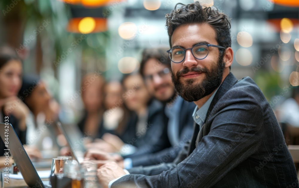 Poster a man with a beard and glasses is smiling at the camera. he is sitting at a table with other people,