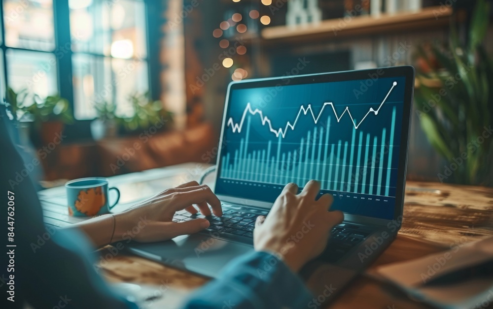 Aufkleber a person is typing on a laptop with a graph on the screen. the graph shows a downward trend, which c