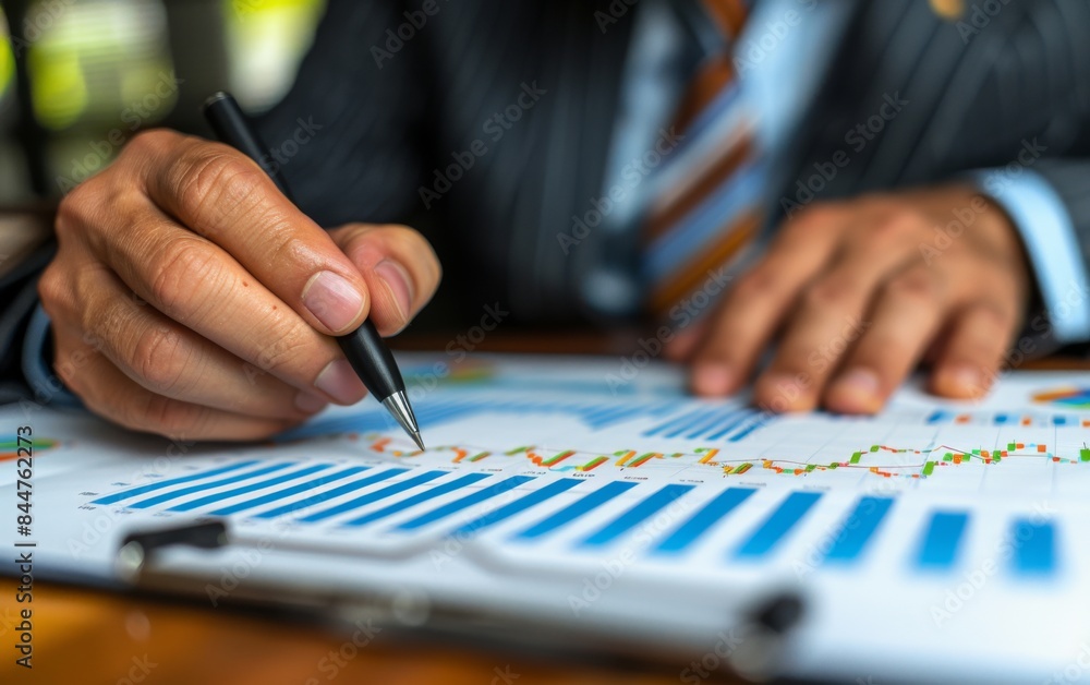 Poster a man is writing with a pen on a piece of paper. the paper has a lot of numbers and graphs on it. th