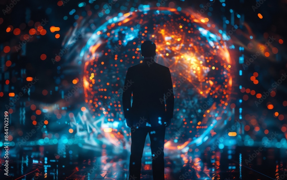 Poster a man stands in front of a glowing orb, looking up at it. the image has a futuristic and mysterious 