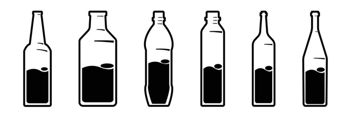 A set of plastic bottles and glass bottles. Black and white drawing of bottles. Vector drawing.