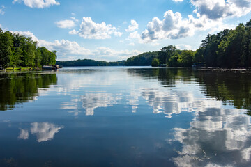 Looking out onto a Wisconsin lake in the late afternoon on a calm day.