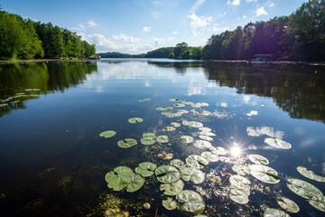 Looking out onto a Wisconsin lake in the late afternoon on a calm day.